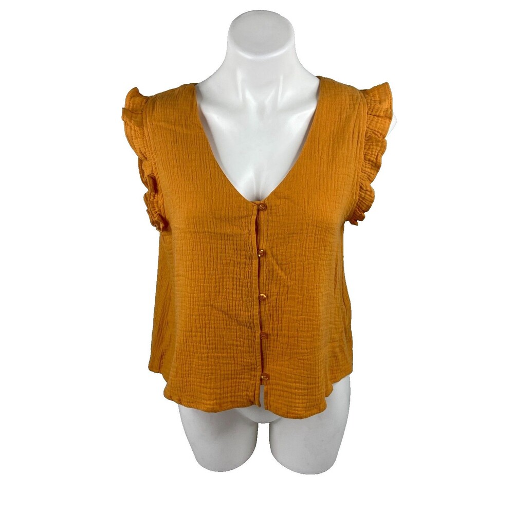New In Collection Women Cropped Top Orange Ruffle Cap Sleeve Button Front NWT